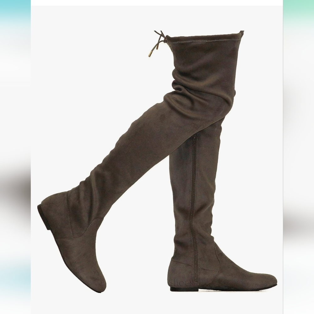 Dark Grey Faux Suede Flat Boots, Size 7.5